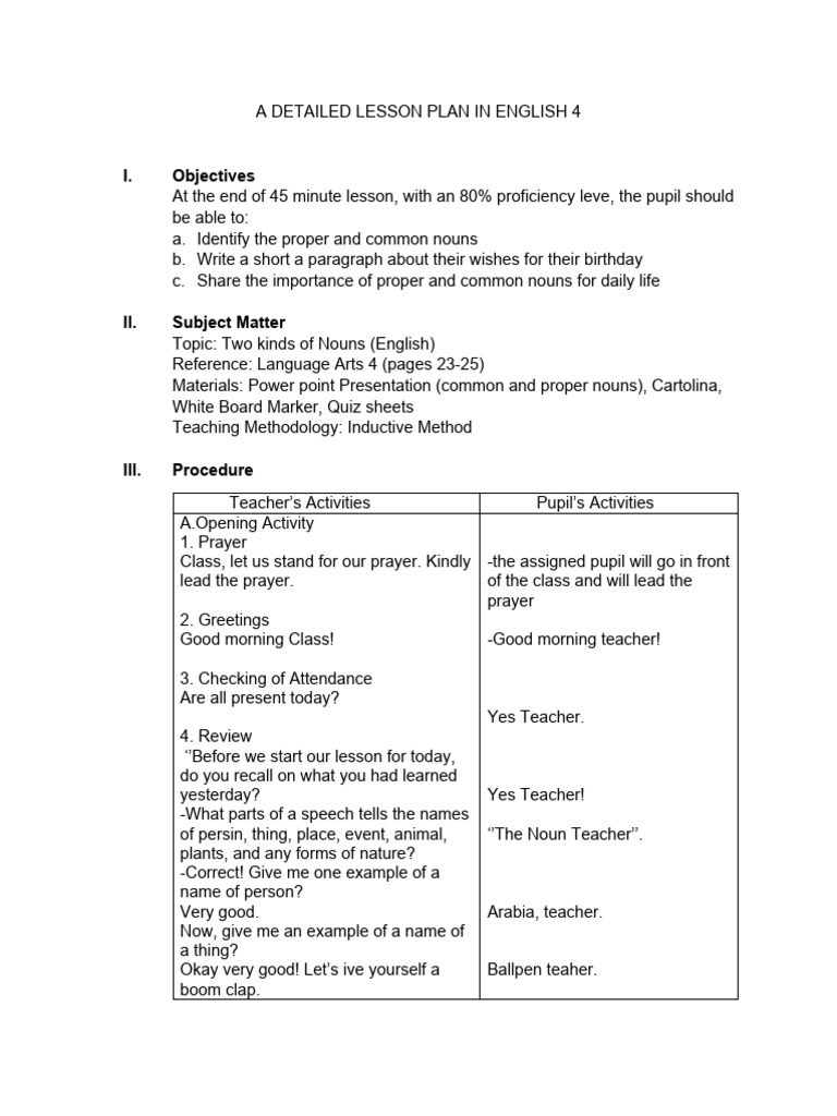 Grade 4 Noun Lesson Plan | PDF | Noun | Lesson Plan