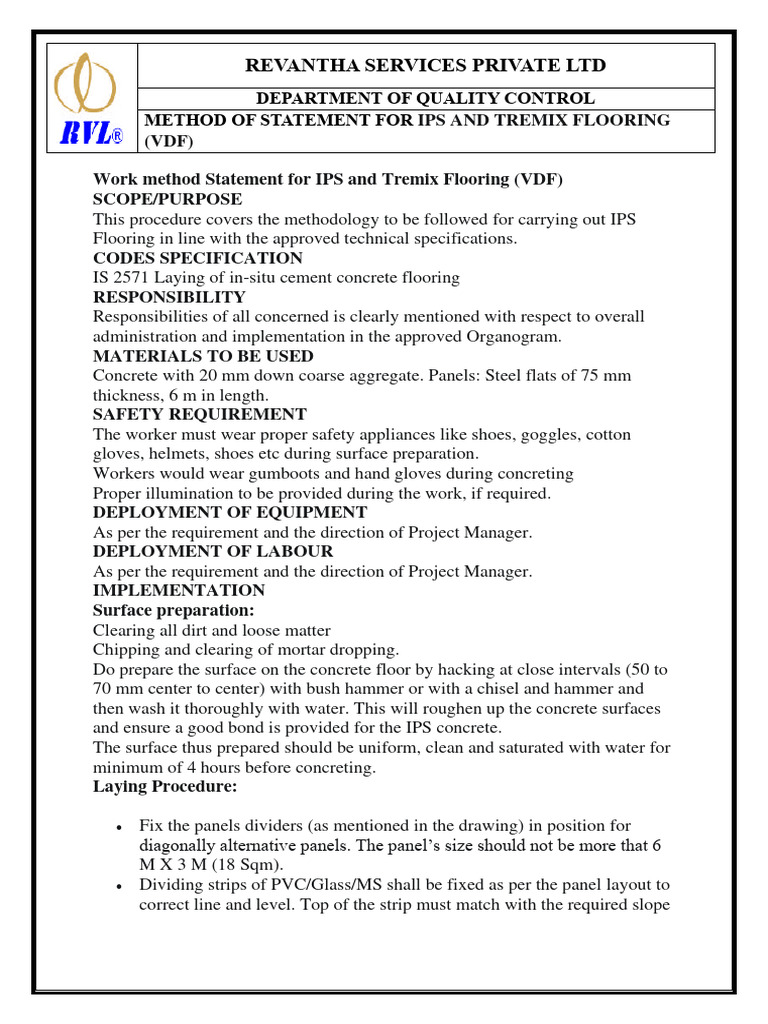 Work Method Statement For IPS and Tremix Flooring | PDF | Concrete ...