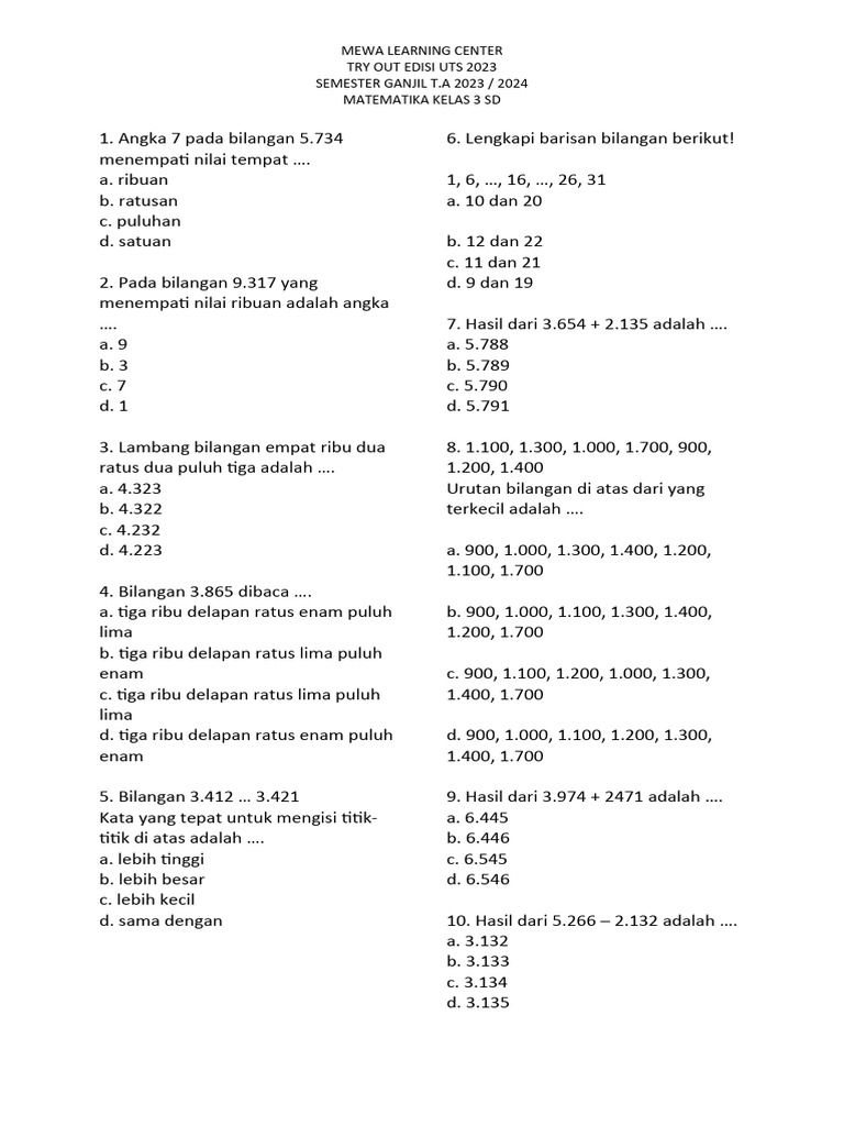 Try Out Matematika Kelas 3 SD UTS 2023 | PDF | Metode & Bahan Ajar