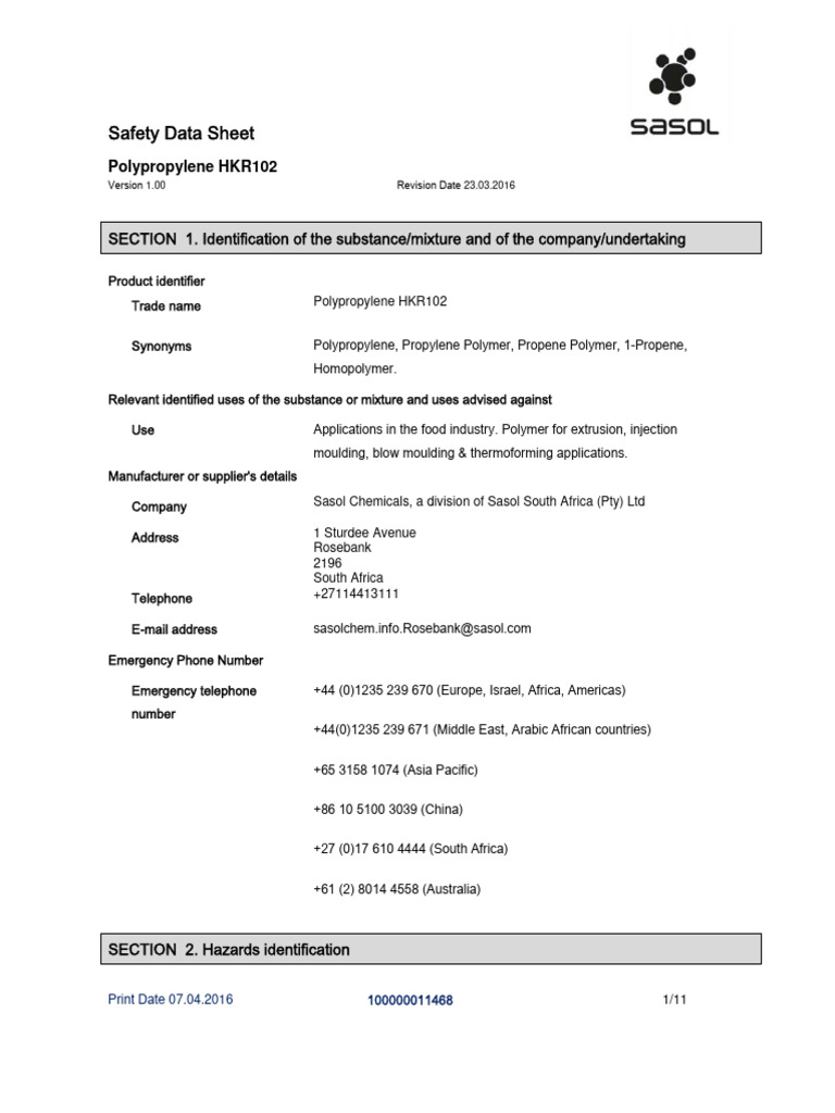 Polypropylene HKR102 Safety Data Sheet | PDF | Chemical Substances | Safety