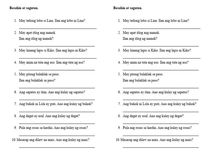 Basahin at Sagutan (Komprehensyon) 1 | PDF