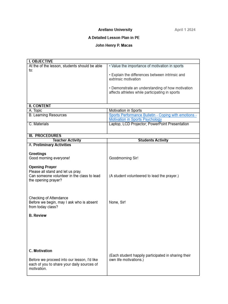 Macas Detailed LessonPLAN Long Bondpaper | PDF | Motivational | Motivation
