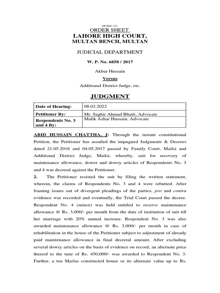 Lahore HC Ruling on Dower and Maintenance | PDF | Judgment (Law) | Appeal