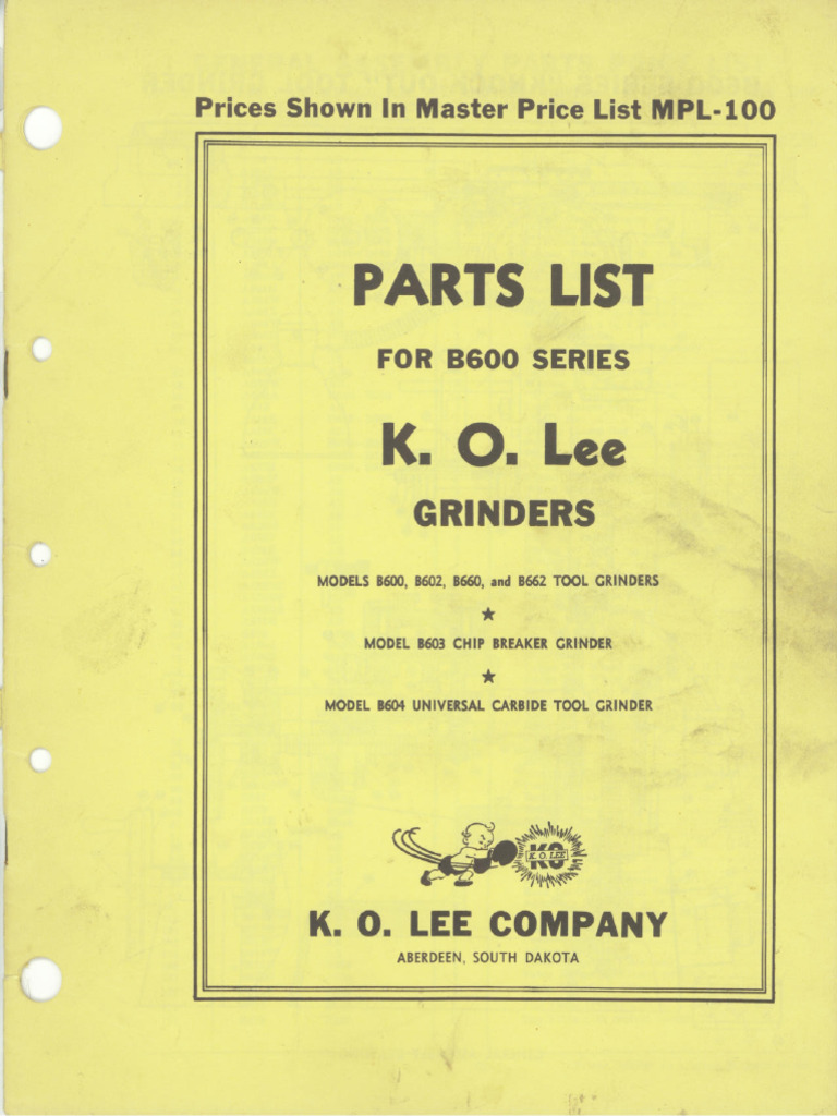 Parts List for B600 Series KO Lee Grinders PDF