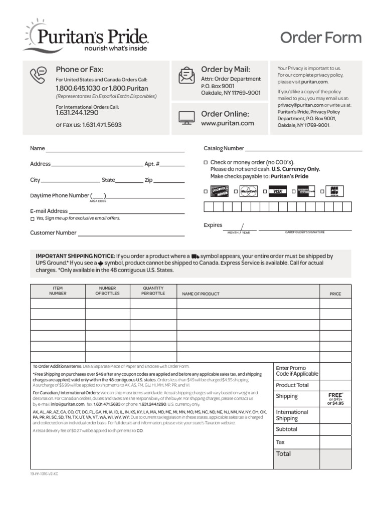 Puritan's Pride Order Form with Shipping Info | PDF | Payments