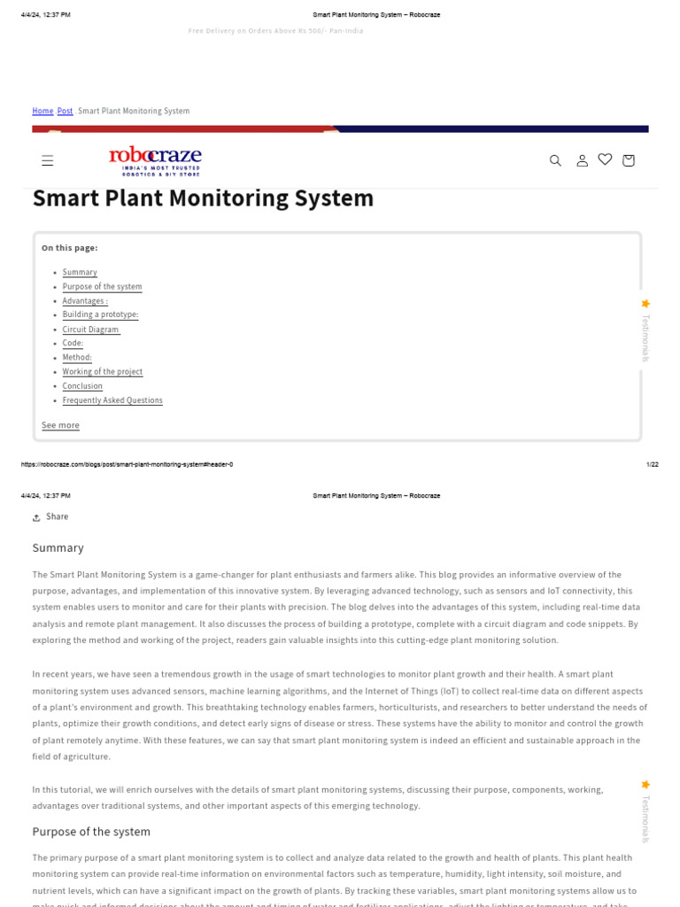 Smart Plant Monitoring System - Robocraze | PDF | Internet Of Things ...