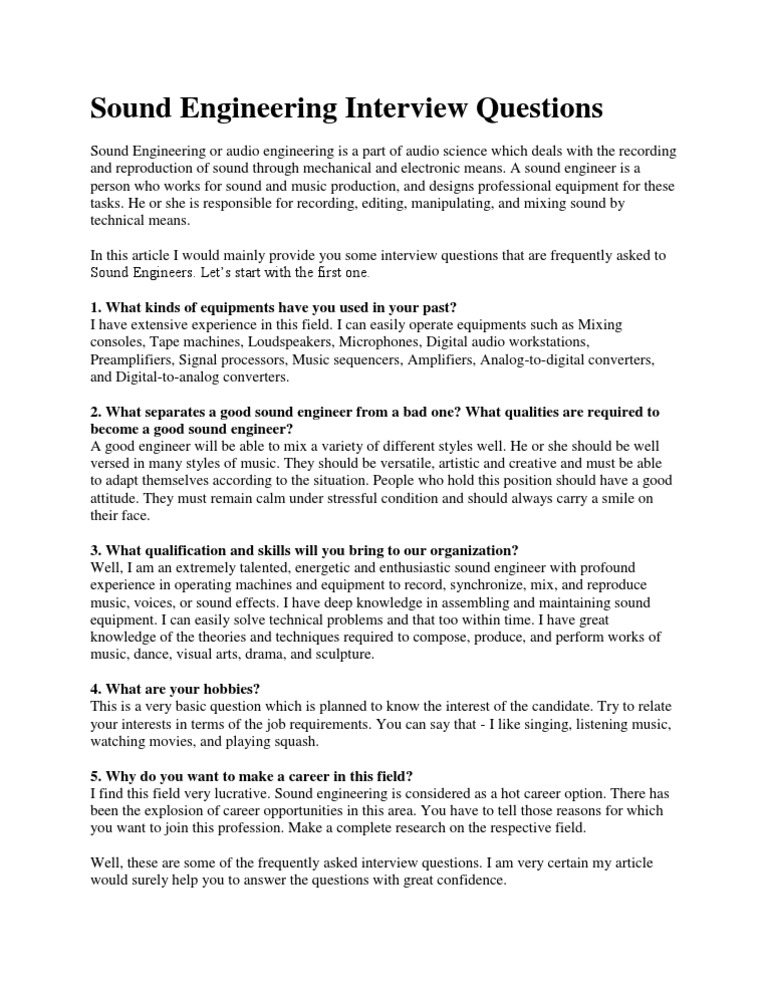 Sound Engineering Interview Questions | PDF | Audio Engineer | Digital ...