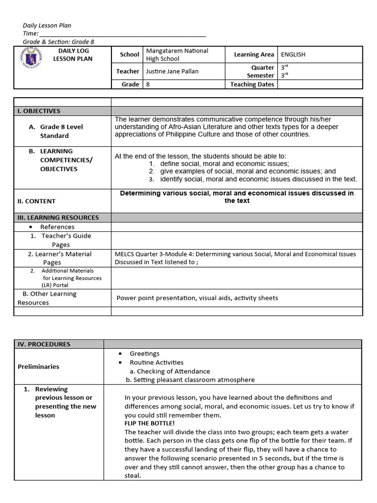 Grade 8 English Lesson Plan on Issues | PDF | Learning | Lesson Plan