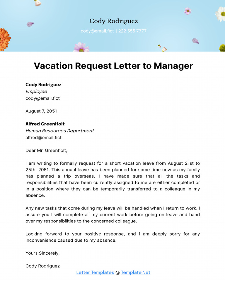 Vacation Request Letter To Manager Template - Edit Online & Download ...