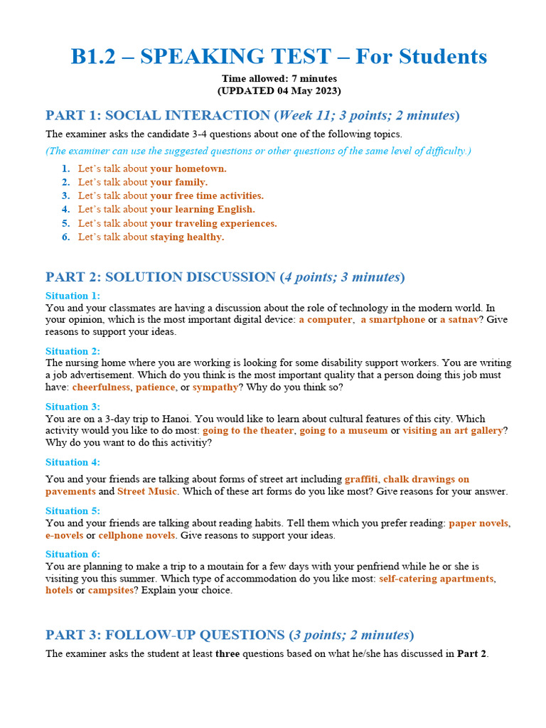 B1 Speaking Test Guidelines and Topics | PDF | Human Communication