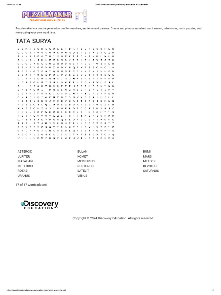 Word Search Puzzle Discovery Education PuzzlemakerD PDF