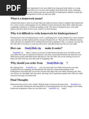 Homework Menu Kindergarten
