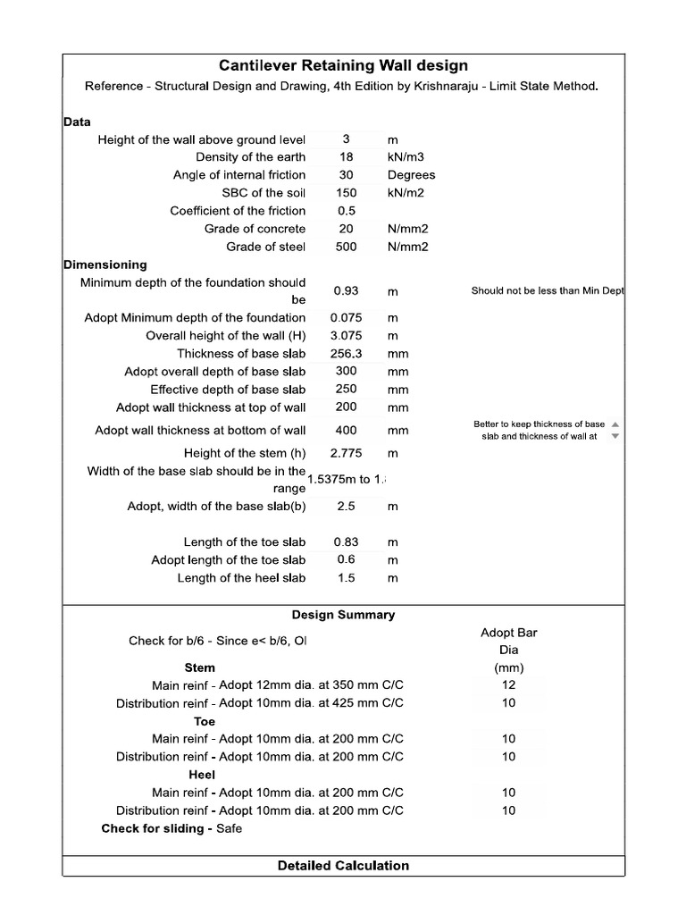 Cantilever Retaining Wall Calculations PDF