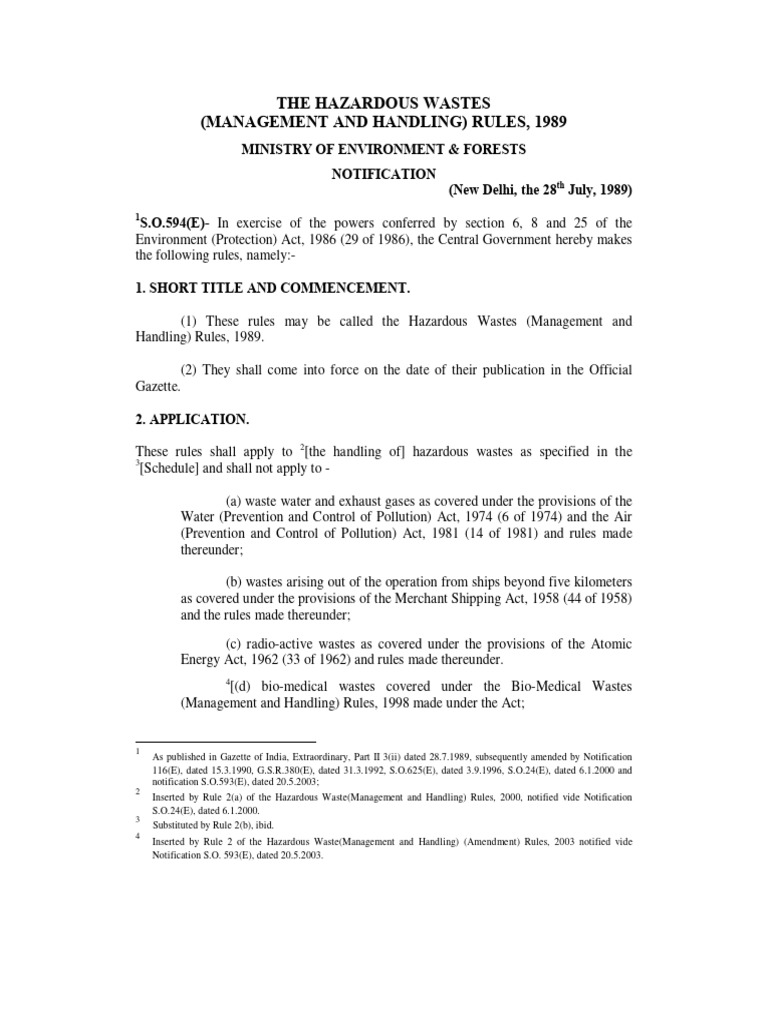 Hazardous Waste (Management & Handling) Rules, 1989 PDF Waste Waste Management