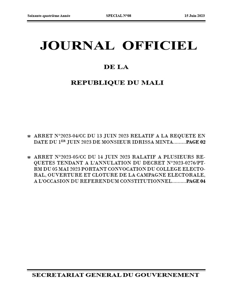 Arrêts de la Cour sur la Constitution malienne | PDF | Loi | Constitution