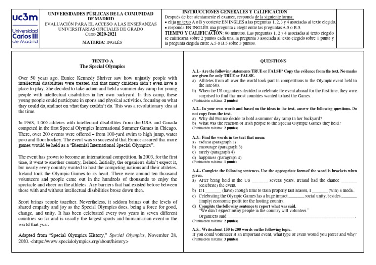 Examen Evau Madrid Inglés 2021 Junio Pdf Entertainment Disability