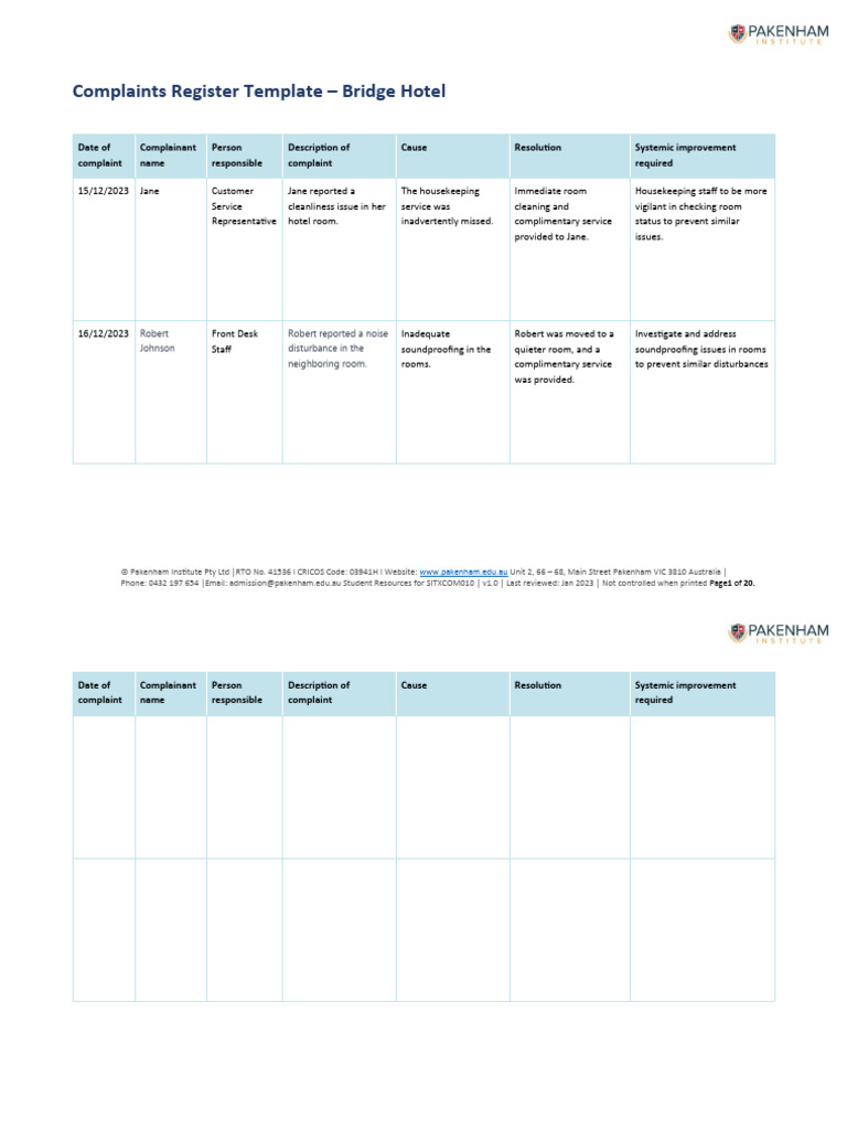 SITXCOM010 Complaints Register Template PDF