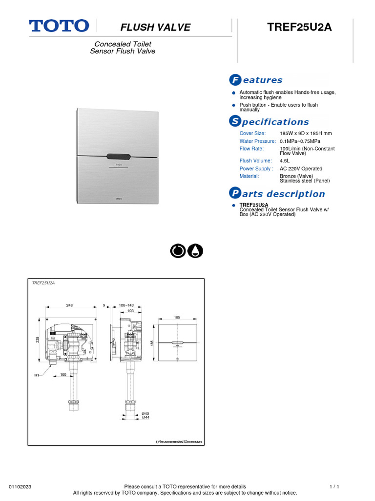 TREF25U2A Sensor Flush Valve Specs | PDF | Valve | Toilet
