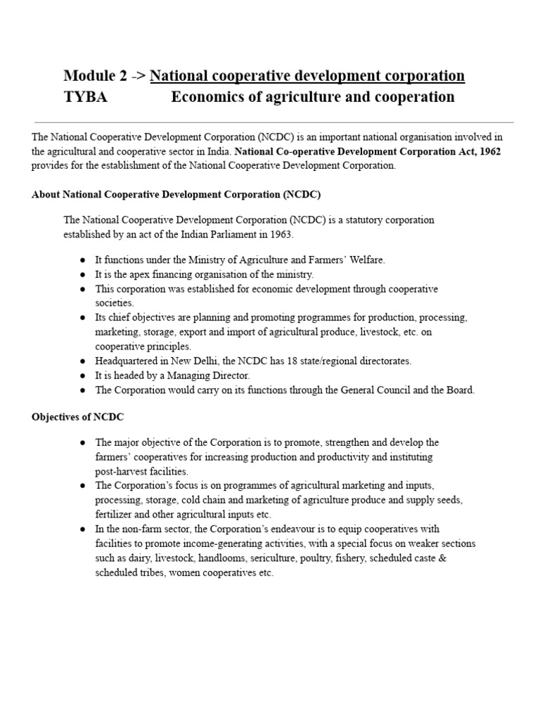 National Cooperative Development Corporation Pdf Economies