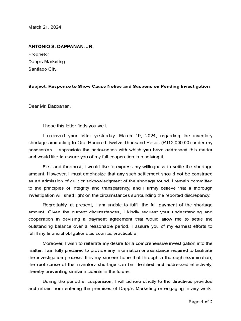 Response To Show Cause Notice and Suspension Pending Investigation PDF