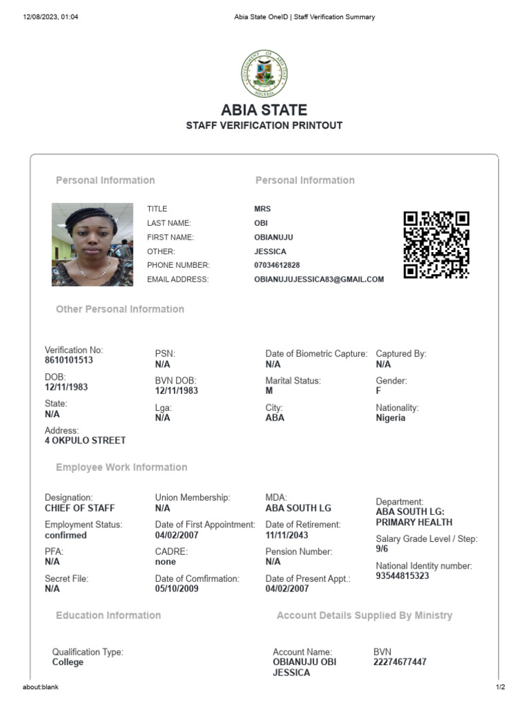 Abia State Staff Verification Summary | PDF