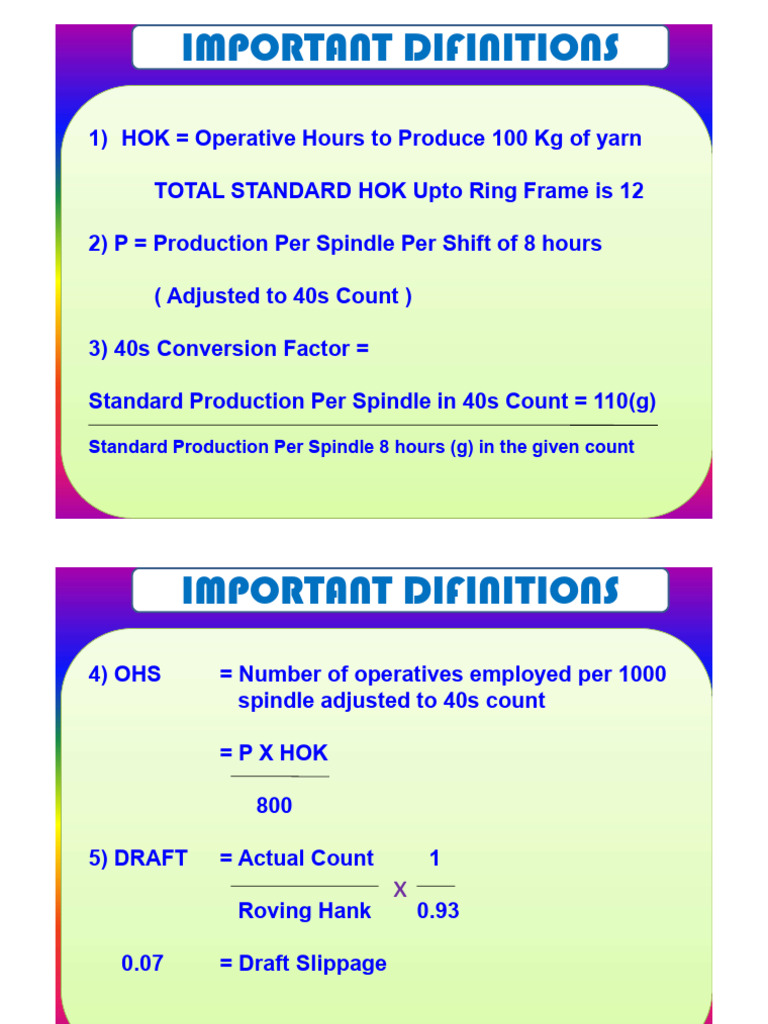 Key Yarn Production Definitions & Formulas | PDF | Spindle (Textiles ...