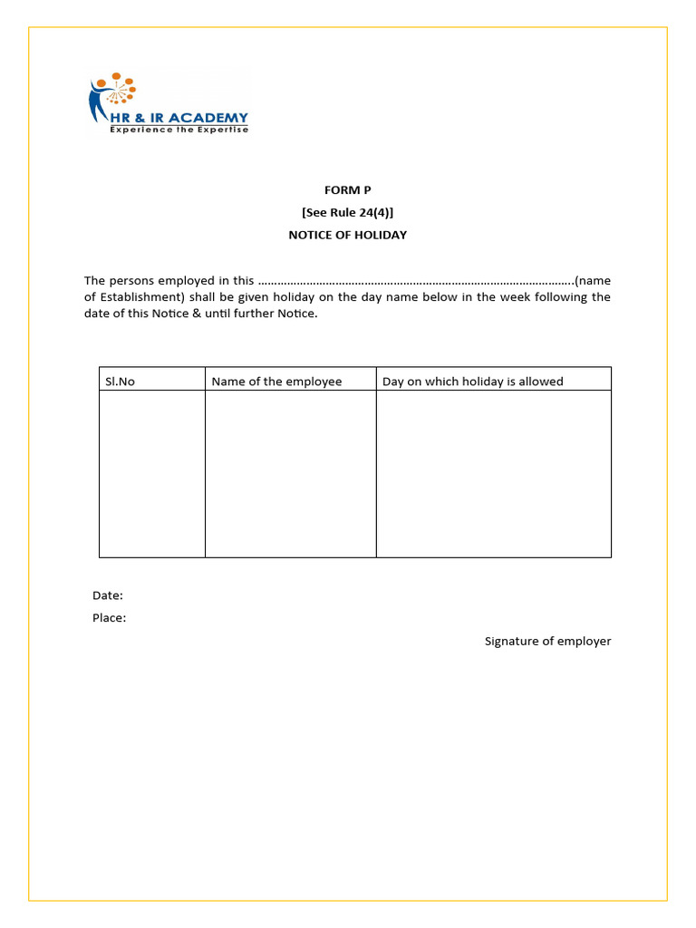 Notice of Holiday Form P Template | PDF