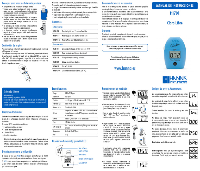 Manual de Uso HI701: Medidor de Cloro | PDF