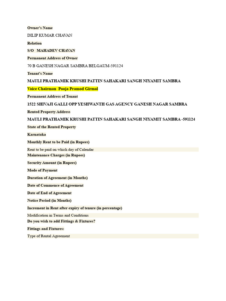 Rental Agreement Needs PDF