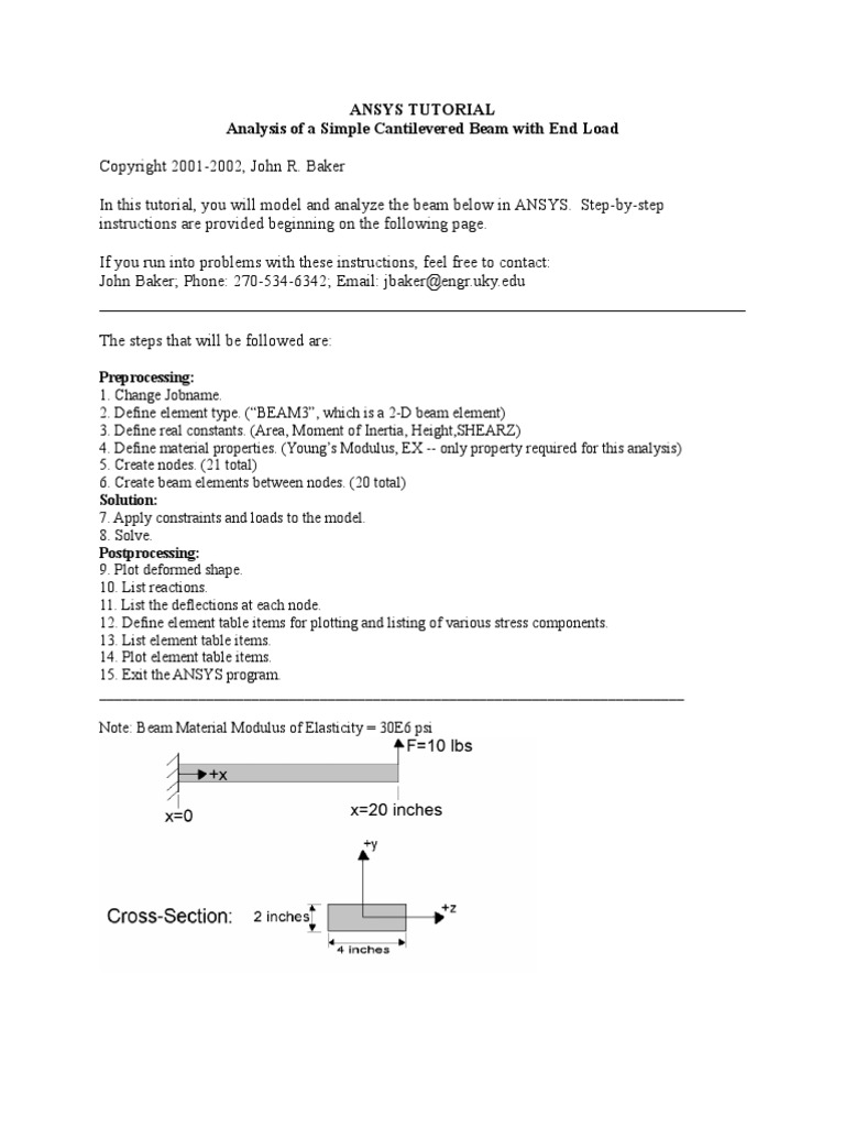 Ansys Tutorial Analysis of A Simple Cantilevered Beam With End Load | PDF