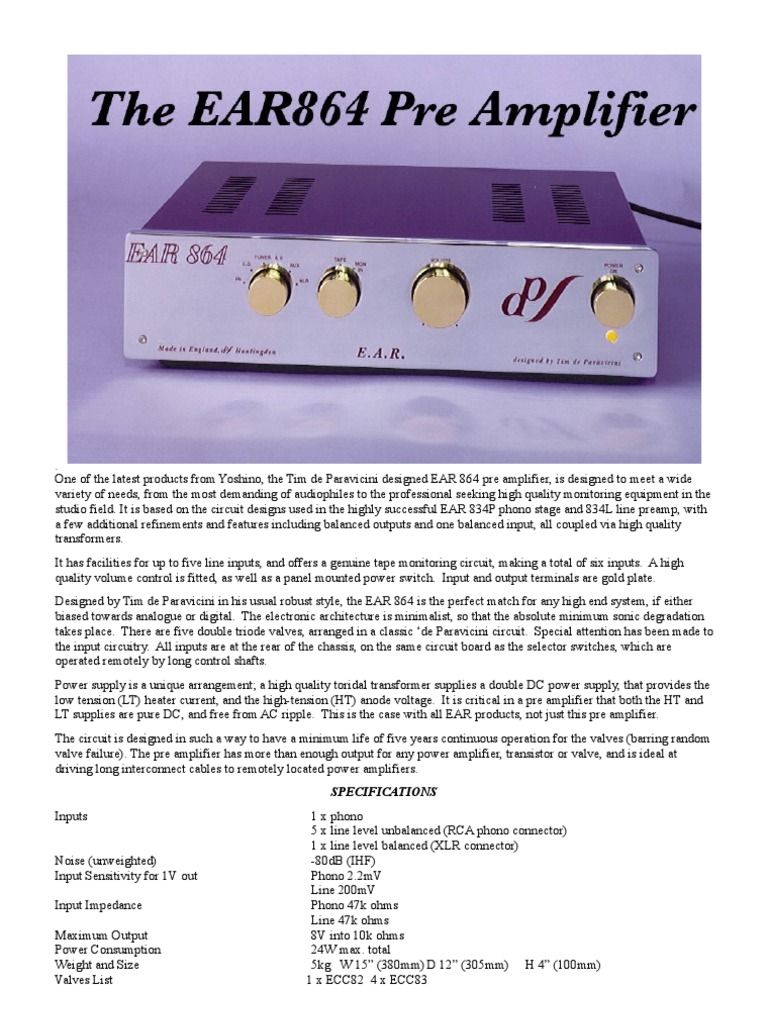 EAR 864 Preamp Overview and Specs | PDF | Amplifier | Vacuum Tube