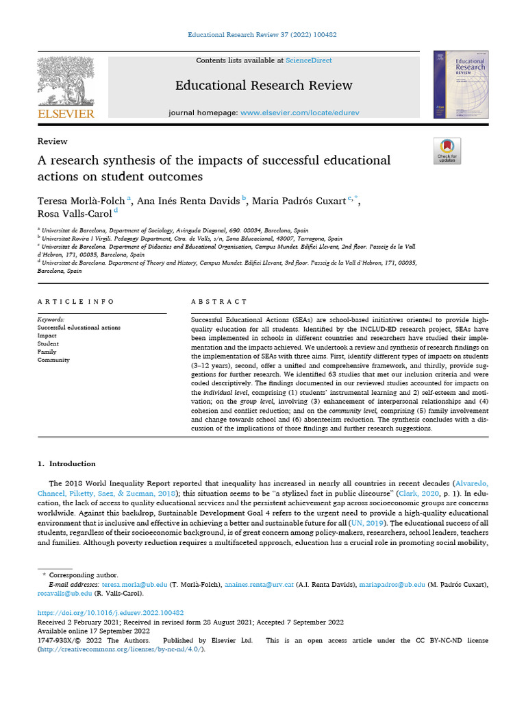 Impacts of Successful Educational Actions On Student Outcames PDF
