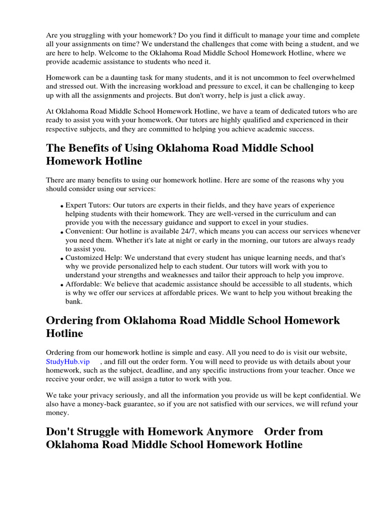 Oklahoma Road Middle School Homework Hotline PDF Teachers Homework