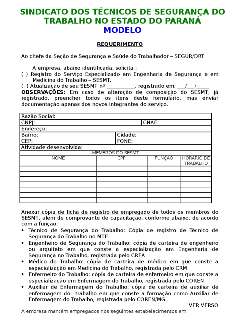 Tst - Modelo de Registro de SESMT