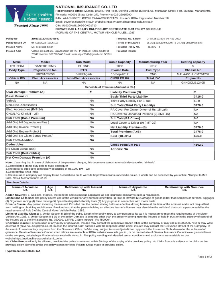 Policy No 26020131226710046940 Proposal No. & Date Policy Issued On ...