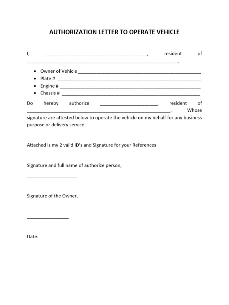 Vehicle Operation Authorization Letter | PDF | Business | Law