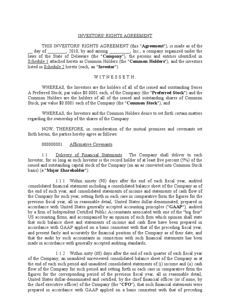 Investor Rights Agreement Series A Template 1 PDF Indemnity Investor Rights Agreement Series A Template 1 PDF Indemnity