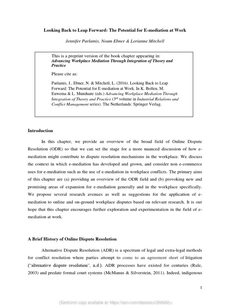 Looking back to leap forward the potential for e mediation at work