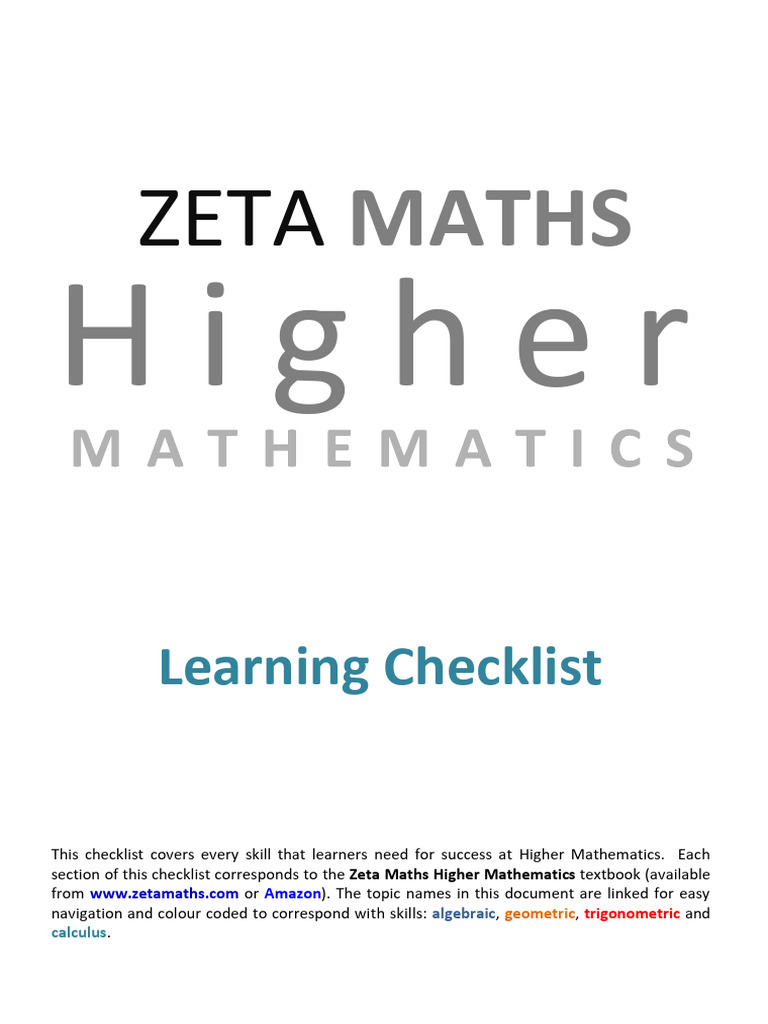 Zeta Maths Higher Learning Checklist | PDF | Quadratic Equation | Geometry