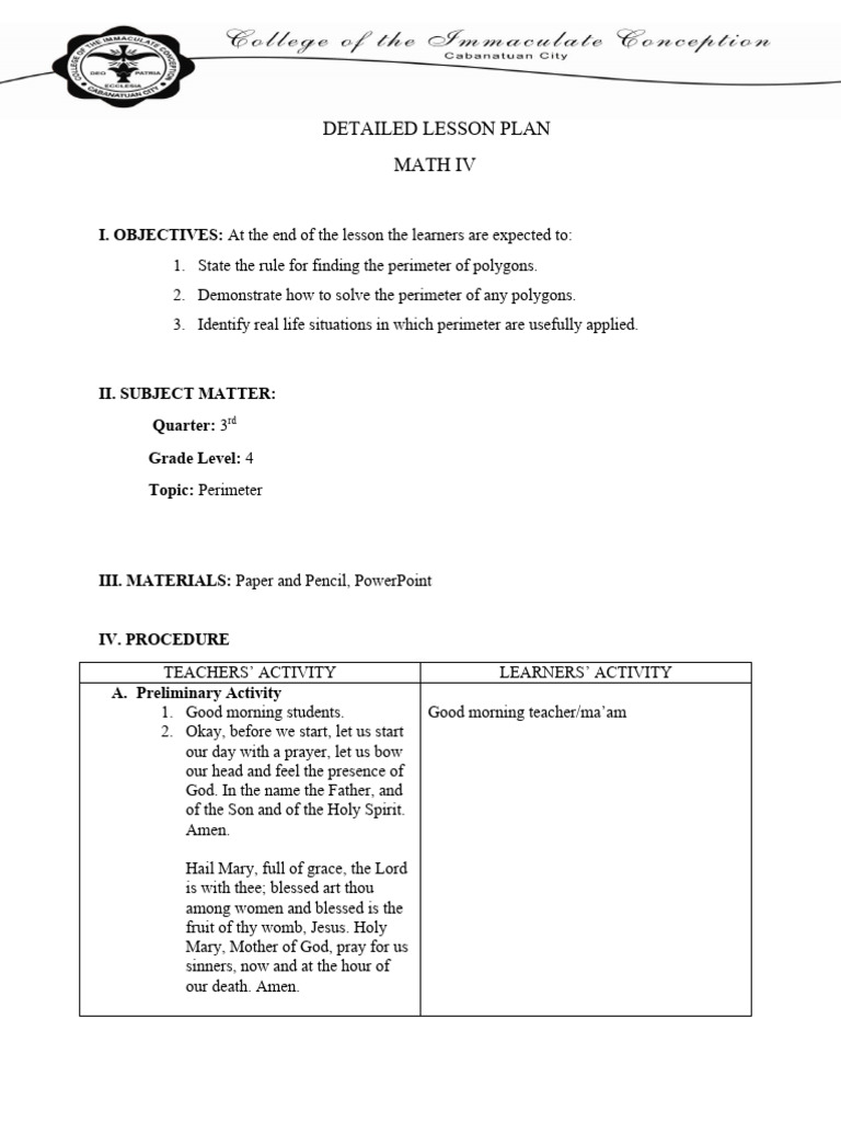 Math Detailed Lesson Plan Perimeter | PDF | Triangle | Geometric Shapes