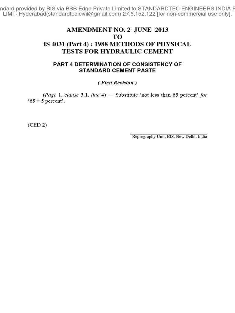 Amendment No. 2 June 2013 TO IS 4031 (Part 4) 1988 METHODS OF