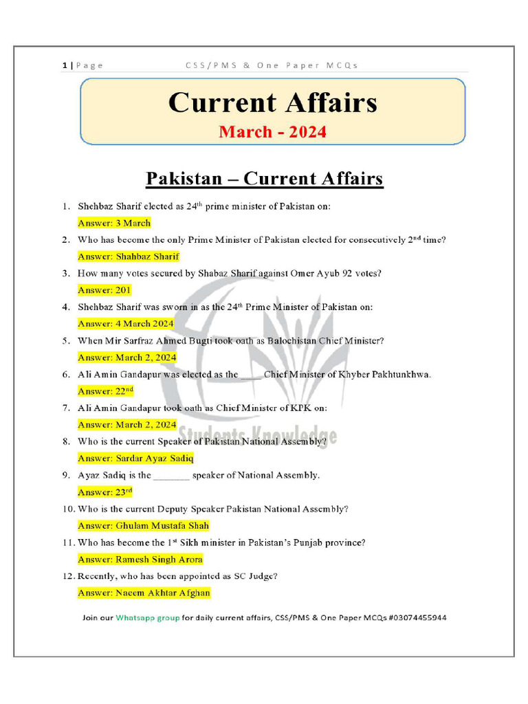 March 2024 - Full Month Current Affairs | PDF