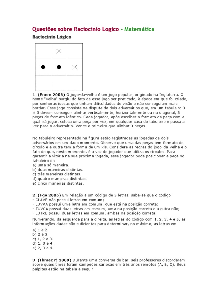 Questões de Raciocínio Lógico Matemático | PDF | Abelhas | Ensino de ...