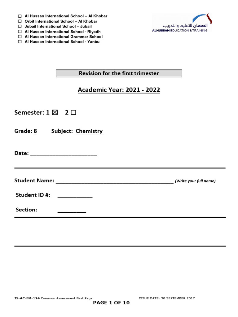 Grade 8 Chemistry Semister 1 2021 2022 Pdf Atoms Atomic Nucleus