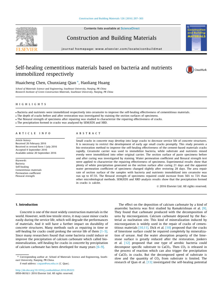 2016 Self healing cementitious materials based on bacteria and