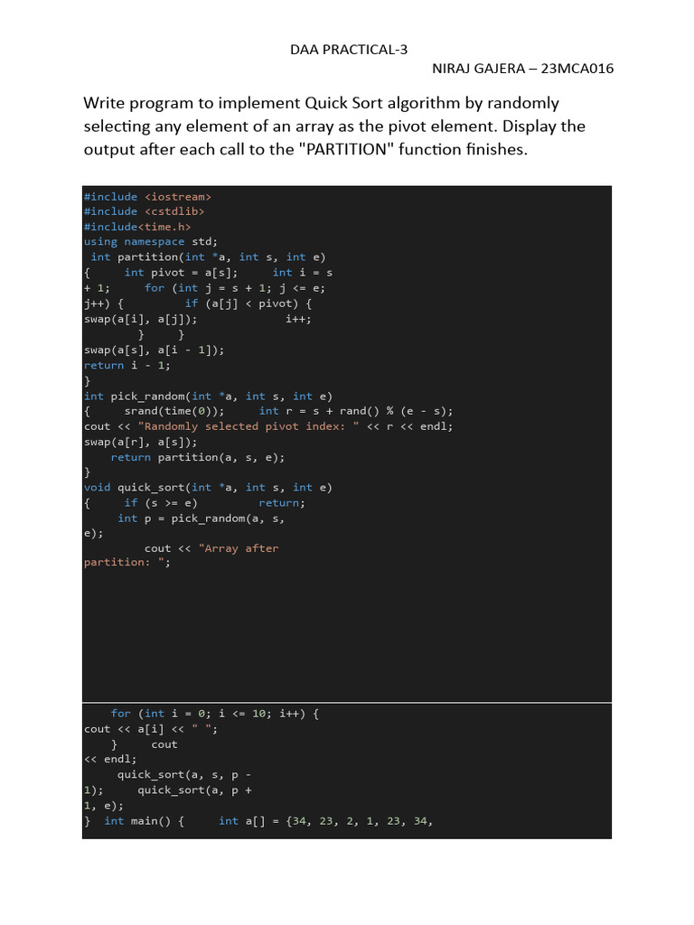 Quick Sort with Random Pivot Selection | PDF