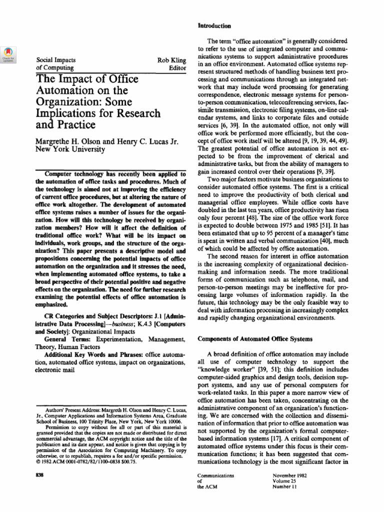 The Impact of Office Automation On The Organization - Some Implications ...
