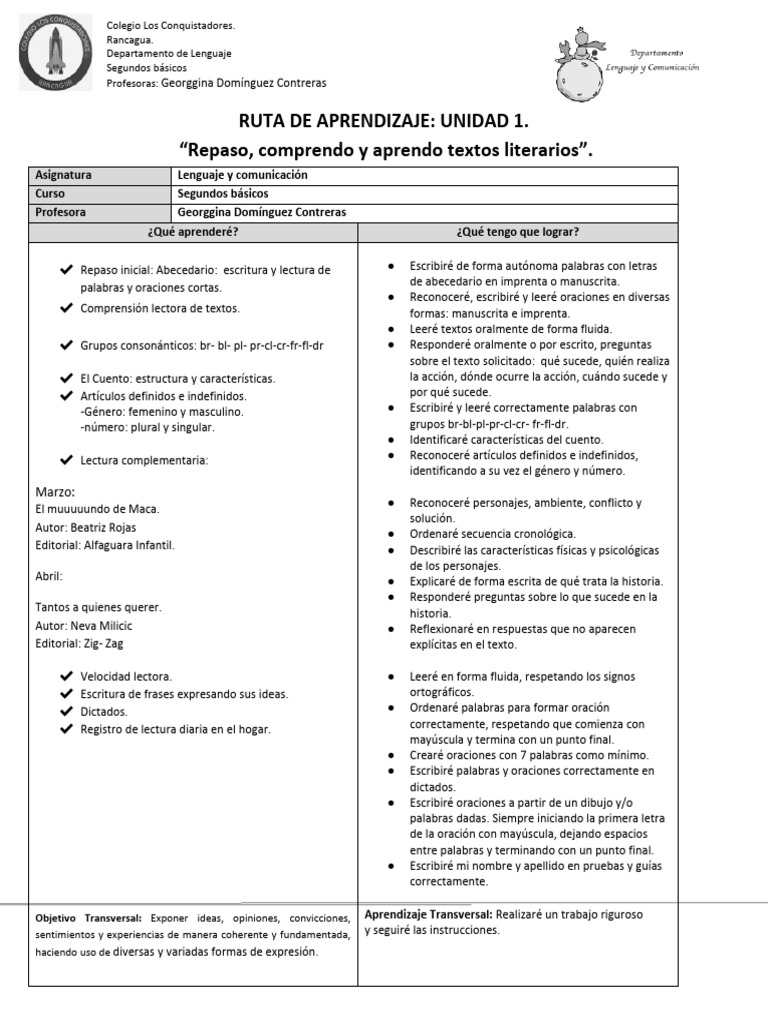 2° Básico Ruta de Aprendizaje Unidad 1 | PDF | Comprensión lectora ...