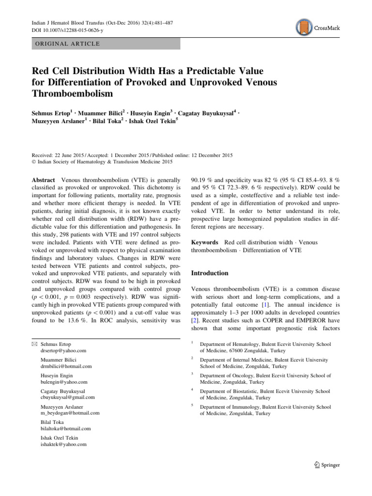 Red Cell Distribution Width Has A Predictable Value6 | PDF | Thrombus ...