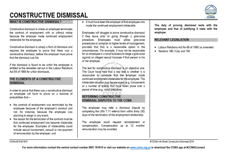 Constructive Dismissal Info Sheet 2018 01 Pdf Employment Private Law